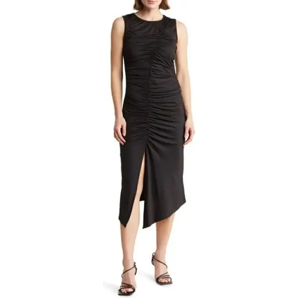 Collective Concepts Dress Ruched Slit Sleeveless Bodycon Midi Black NWT Small